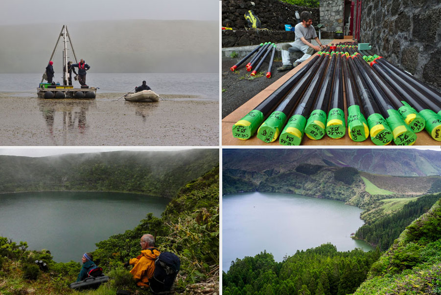 De derecha a izquierda y de arriba abajo: Toma de muestras en el lago Lomba donde se aprecia el crecimiento de plantas en la superficie (Santiago Giralt); algunas de las muestras recolectadas en los diferentes lagos de las Azores / (Sergi Pla-Rabés); vistas del lago Negra (Pedro Raposeiro) y del lago Funda (Sergi Pla-Rabés)
