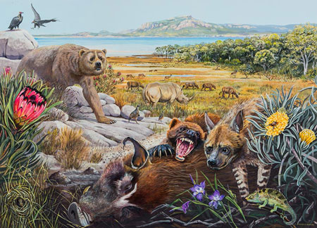 Reconstrución de la fauna y flora de Langebaanweg, Sudáfrica, hace 5 millones de años. Autora: Maggie Newman