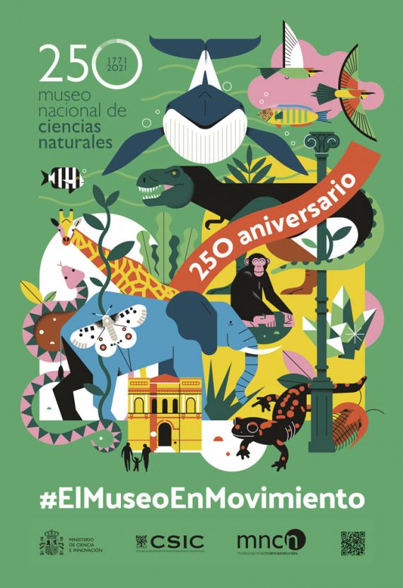 Cartel del 250 aniversario, fondo verde e ilustraciones de distintos animales del museo en el centro.