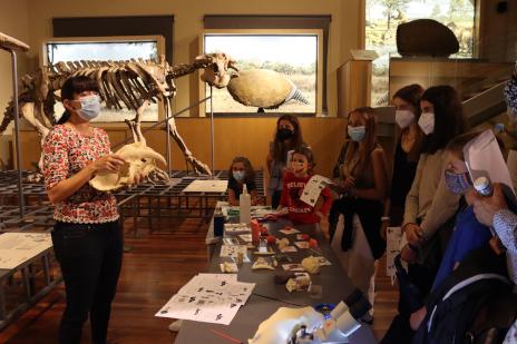 Investigadora del MNCN mostrando un cráneo fósil a un grupo de visitantes