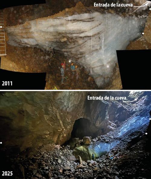 Imagen del depósito de hielo en agosto de 2011 y septiembre de 2025. Las marcas blancas corresponden con punto fijos de referencia